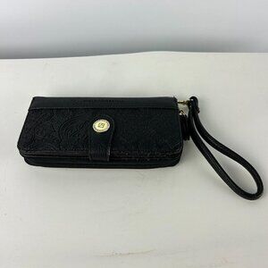 Stone Mountain Embossed Paisley Black Leather Wallet Wristlet Clutch 7-1/2" X 4"
